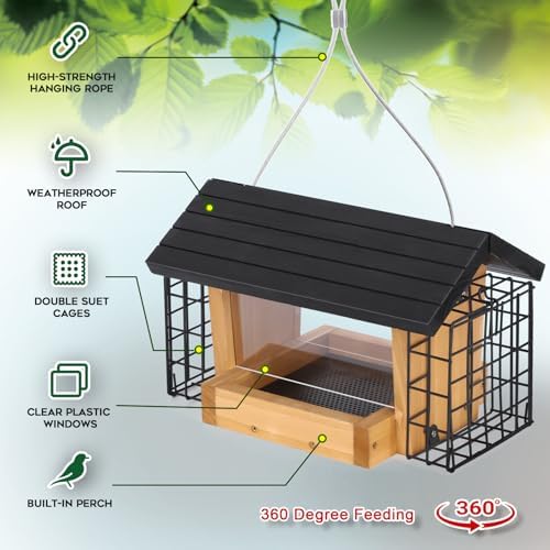 Gbekery Wooden Bird Feeder with Double Suet Metal Cage for Outdoors Hanging
