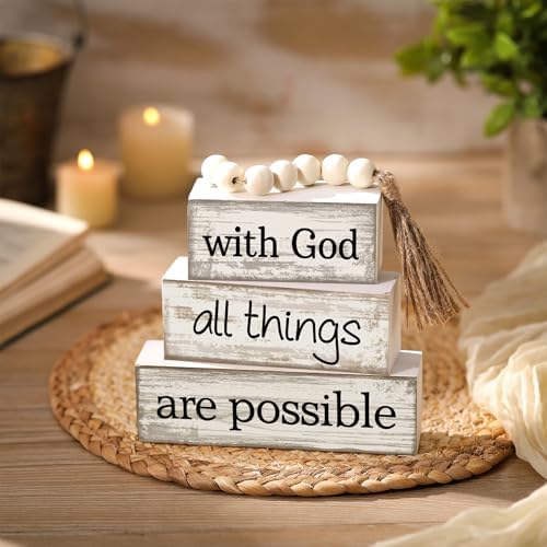 Yuntau 4 Pcs Farmhouse Christian Table Decor with Beads Tassel Block Sign