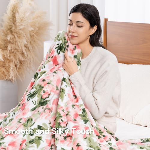 Luxury Printed Fleece Warm Blanket, Soft Lightweight Velvety Plush Throw for Couch and Bed, Cozy Comfy for All Seasons(Ivory Pink Flowers, 90×90 Inches)