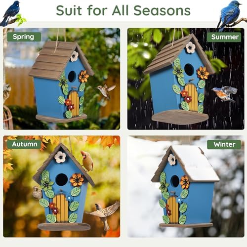 Wooden Bird Houses for Outside,Farmhouse Hanging Blue Birdhouse