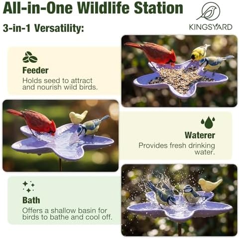 Kinsgyard 2 Pack Free Standing Tray Bird Feeders with Adjustable Pole, Wild Bird Bath for Outdoor Garden Yard Decor, Large Seed Capacity, Easy to Clean and Refill, Yellow & Purple
