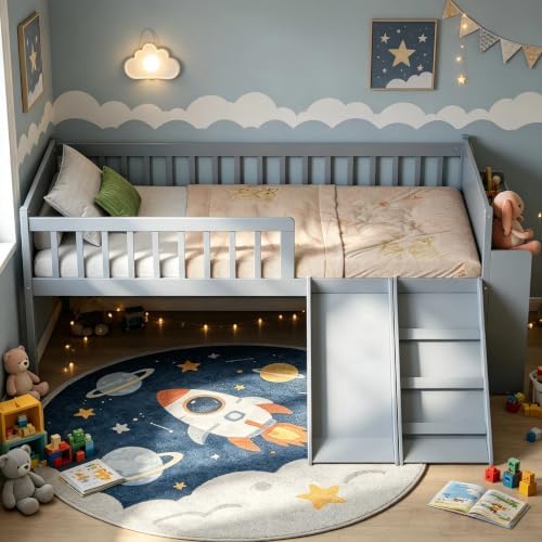 SOFTSEA Twin Size Low Loft Bed with Slide and Guardrails, Wood Loft Bed Frame with Storage Shelves for Kids, Gray