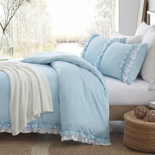 Bedrom Light Blue Duvet Cover Twin Ruffled Bedding Set Elegant Ruffle Lace Bedroom Decor Shabby Chic Farmhouse Style Blue Boho Duvet Cover Set