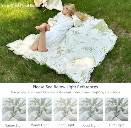 Simple&Opulence Cotton Muslin Blanket King Size 104"x90", Reversible Yarn-Dyed Vintage Green Floral Jacquard, 3-Layer Gauze with Tassels, Soft Lightweight Breathable All-Season Bedspread for Bed Couch