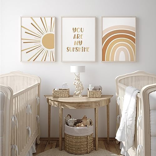 Baccone Boho Nursery Wall Art Baby Girl Wall Decor Kids Rainbow Canvas Wall Art You Are My Sunshine Pictures Toddler Sun Prints Nursery Artwork for Room Bedroom Set of 3 16x24 Inch Unframed