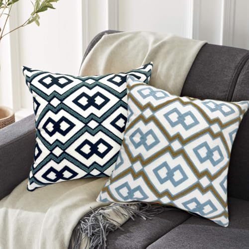 Alysheer Boho Embroidered Throw Pillow Cover 18"x18" Set of 2, Blue Khaki