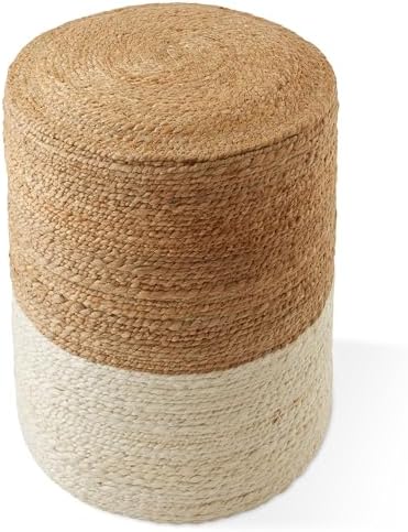 Casafield Hand-Braided Jute Pouf Ottoman Footrest, 14" W x 14" D x 16" H - Round, Natural Boho Home Decor, Woven Accent Footstool for Living Room