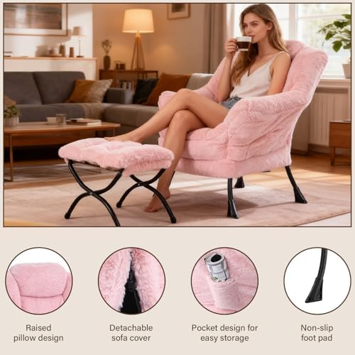 Welnow Lazy Chair with Ottoman, Reading Chair with Footrest, Soft Pink