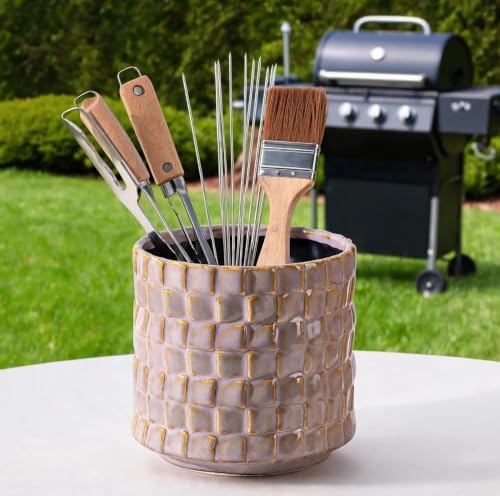 Utensil Crock, 5 Inches Small Cooking Ceramic Utensil Holder for Countertop, Unique Embossed Checkered Pattern, for Kitchen, Home Decor Gift