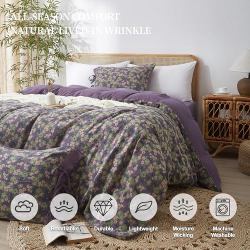 Purple Duvet Cover King Double Gauze Cotton Farmhouse Jacquard Green Floral Duvet Cover with 2 Bowknot Pillowcases Rustic Style, Breathable for a Cozy Home Atmosphere