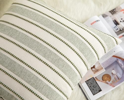 Cethom Decorative Boho Throw Pillow Covers, Farmhouse Textured Pillow Case, 18 x 18 Inch Set of 2, Chair Sofa Bedroom Living Room Home Decor Couch Cushion Case, Olive Green and Beige Striped