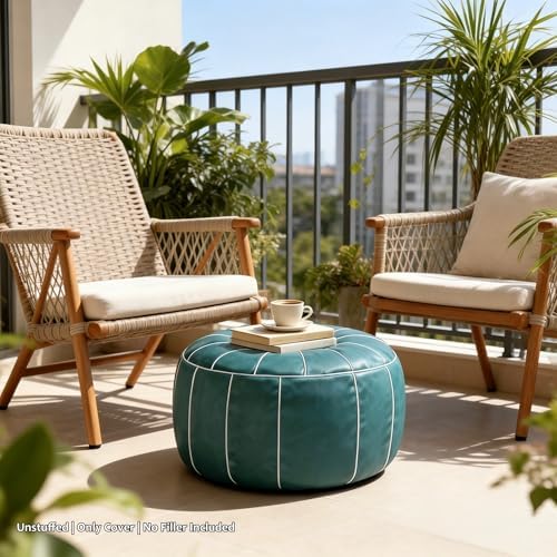 Thgonwid Unstuffed Moroccan Storage Pouf Foot Stool Ottoman Seat Handmade Faux Leather Bean Bag Floor Chair Foot Rest for Living Room, Bedroom or Balcony (Teal Blue)