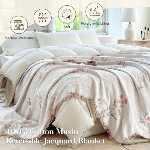 QKTE 100% Cotton Muslin Blanket King Size with Tassels, Lightweight Breathable Reversible Cooling Gauze Blanket for Bed Couch Camping, All-Season Soft Coverlet (White Green, 104" x 90")
