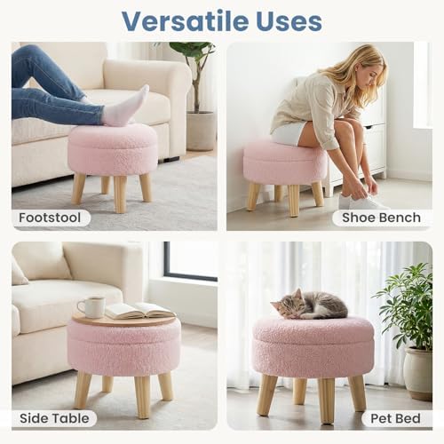 DUMOS Small Storage Ottoman Foot Stool, Round Foot Rest for Living Room