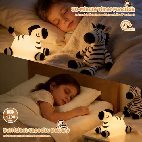 Zebra Silicone Night Light, Kawaii LED Cute Bedside Night Lights Dimmable Touch Control USB Rechargeable Squishy Lamp with Timer for Bedroom Animal Decor Adults Birthday Gifts Party Travel