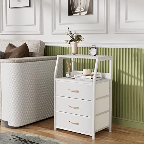 Furnulem White Night Stand with 3 Fabric Drawers , Small Bedside Table