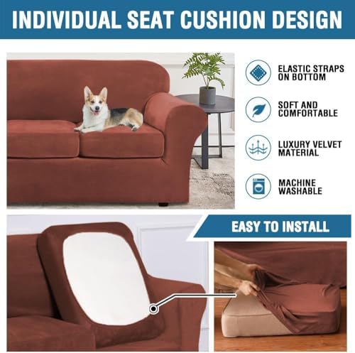 H.VERSAILTEX High Stretch Sofa Slipcover 4 Piece Cover Velvet Furniture Protector Form Fit Thick Velvet Extra Large Sofa Cover for 3 Cushion Couch Width Up to 97 Inch (Large Sofa, Rust)