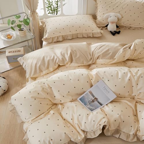 mixinni Floral Duvet Cover Set Twin XL Size – 100% Cotton 3-Piece Bedding Set with Ruffled Trim, Reversible Vintage Beige Gingham & Strawberry Print, Soft Aesthetic Duvet Cover with Zipper Closure