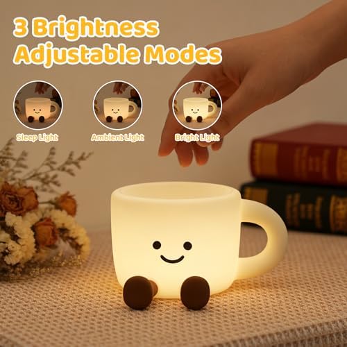 Coffee Cup Night Light, 3 Level Dimmable 30 Timer 7 Colors Nightlight Cute Lamps Silicone Squishy Light USB Rechargeable Bedside Touch Lamp for Baby Desk Dorm Decor Birthday Gift