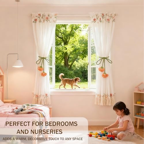 Handmade Curtains Tiebacks, Boho Flower Curtain Tie Backs Curtain Holder Tie Backs for Curtains Braided,Cute Flower Curtain Ties Decorative Rope for Bedroom Window Treatment (Orange)