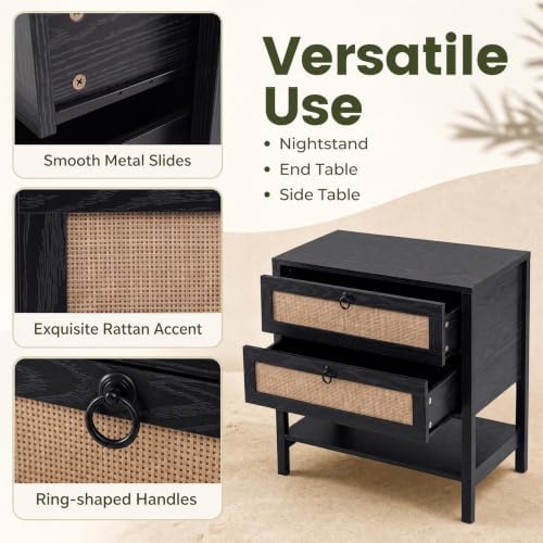 GIANTEX Rattan Nightstand with 2 Drawers, 27" Wide Boho Bedside Table