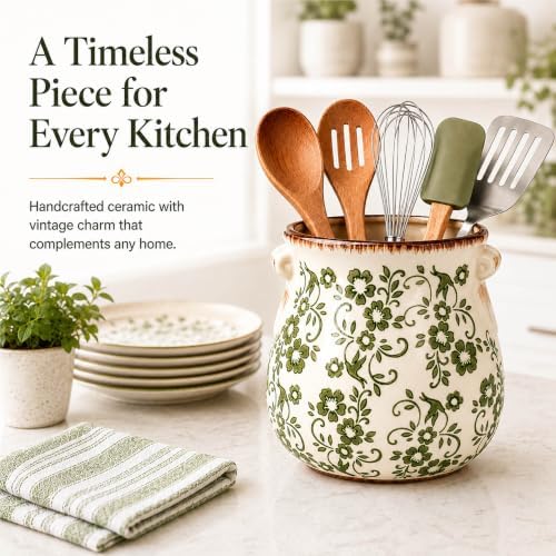 Green Ceramic Utensil Holder for Countertop, Vintage Floral Utensil Crock