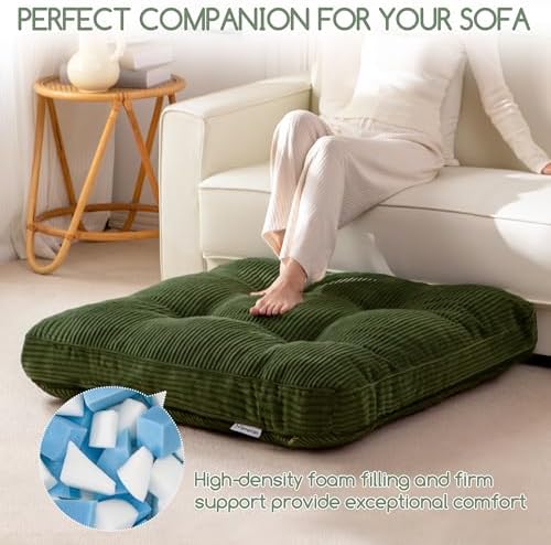 HIGOGOGO 35" Floor Pillow Cushion for Adults, Meditation Cushion Pillow, Extra Large Square Floor Sitting, Tufted Corduroy Cover for Tatami Living Room or Yoga, Dark Green