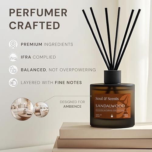 Soul & Scents 7.44 oz (220ML) Sandalwood Reed Diffuser Set with 6 Fiber Sticks|Stress Relief & Aromatherapy|Long-Lasting, Smoke-Free Air Freshener for Home, Bedroom & Office Decor|Ideal for Gifting
