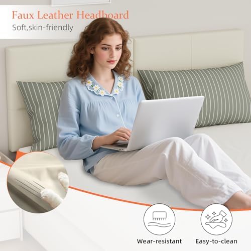 Upholstered Headboard King Size, Solid Wood Head Board with Sturdy Metal Legs, Leather Bed Headboard with Height Adjustable, Grayish White