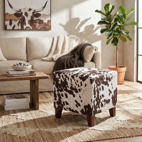 Joveco Square Ottoman Fabric Cube Foot Rest Stool with Wooden Legs, Footstool Small Ottoman Seat for Living Room Entryway (Cow Printing)