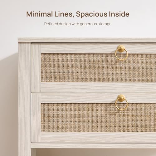 SICOTAS White Rattan Nightstand, Wide Bedside Table with 2 Drawers & Shelf