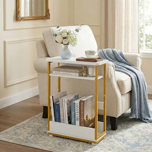 Narrow Side Table,3-Tier Slim End Table with Storage Shelf,Modern Sofa Table Thin Side Table for Small Spaces, Skinny Bedside Table Small Nightstand with Magazine Rack Space Saving/White+Gold