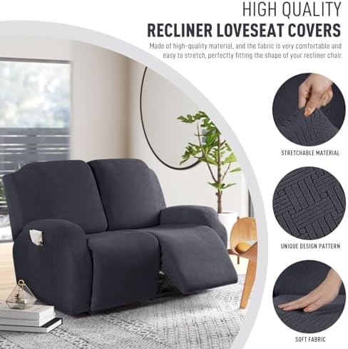 KinCam Oversized Loveseat Recliner Covers, Reclining Cover, Charcoal Gray