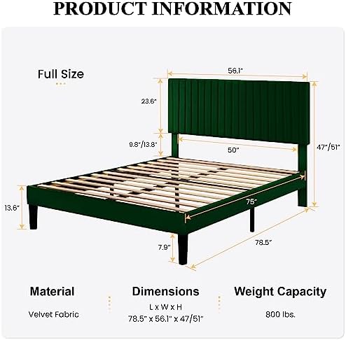 SHA CERLIN Full Upholstered Platform Bed Frame with Vertical Channel Tufted Velvet Fabric Adjustable Headboard, Wooden Slats Support, Mattress Foundation, Box Spring Optional, Green