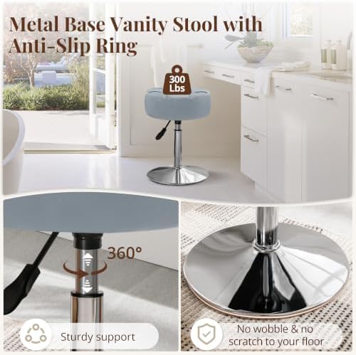 LUE BONA Height Adjustable Vanity Stool 15.8"-20.7", 360° Swivel Grayish Blue Faux Leather Chair, 300lb Capacity for Makeup Room, Bathroom