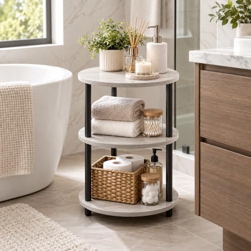 XBurmo 3-Tier Round Side Table for Bathroom, Small Bathroom Storage Table for Towels and Toiletries, Greige