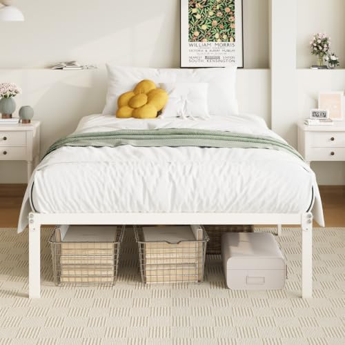 Allewie Twin Bed Frame, 14 inch Metal Beds with Storage Space, Beige