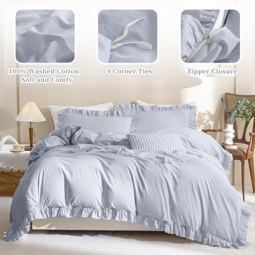 Ruffle Duvet Cover Queen Size Washed Cotton,3pc Linen Feel Farmhouse Shabby Vintage Ruffled Bedding Set French Country Rustic Cornflower Blue Comforter Cover Aesthetic Soft Quilt Cover Set