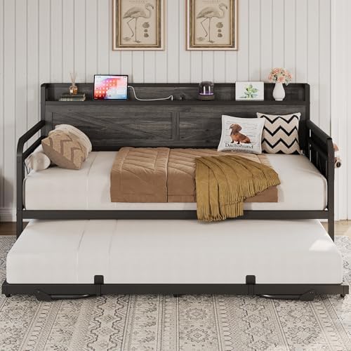LIKIMIO Twin Daybed with Pop Up Trundle & Charging Station & Storage Shelf