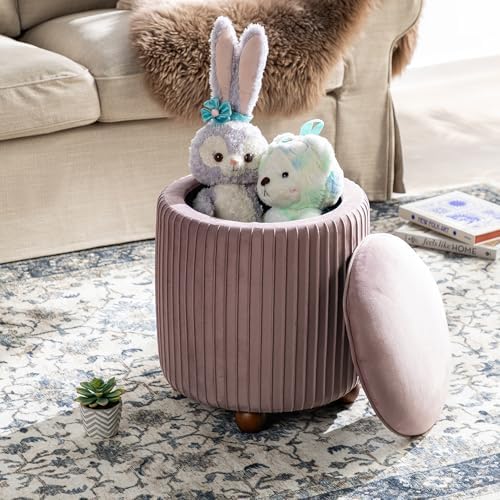 Glitzhome Round Ottoman with Storage Set of 2 Vanity Stool Foot Rest with Removable Lid Modern Upholstered Velvet Storage Ottoman Stool for Living Room and Dorm, Dusty Pink