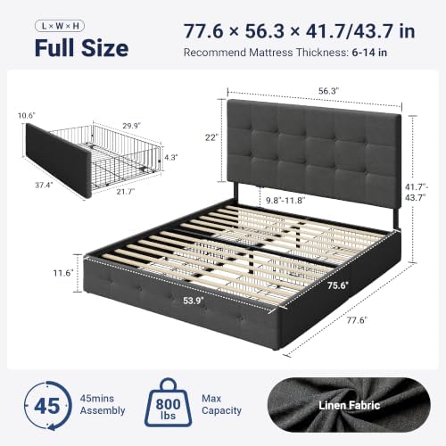 Allewie Full Size Storage Bed Frame with 4 Underbed Drawers, Upholstered Platform Bed with Adjustable Headboard, Square Button Tufted, Easy Assembly, Noise-Free, No Box Spring Needed, Dark Grey