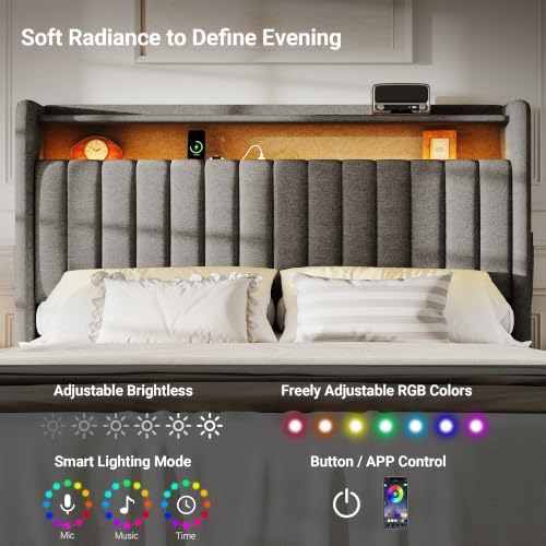 S.E.C.D Upholstered Queen Size Headboard Only, 2-Tier Storage, Dark Gray