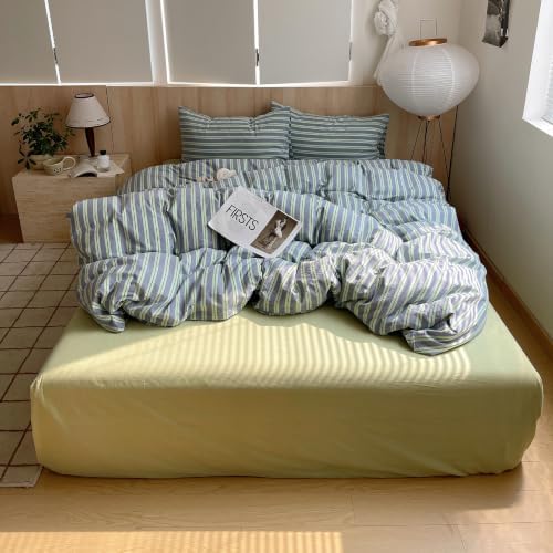 AOJIM Striped Duvet Cover Queen 100% Washed Cotton 3-Piece Vintage Bedding