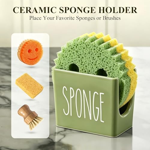 Cisily Olive Green Kitchen Soap Dispenser Set with Ceramics Sponge Holder