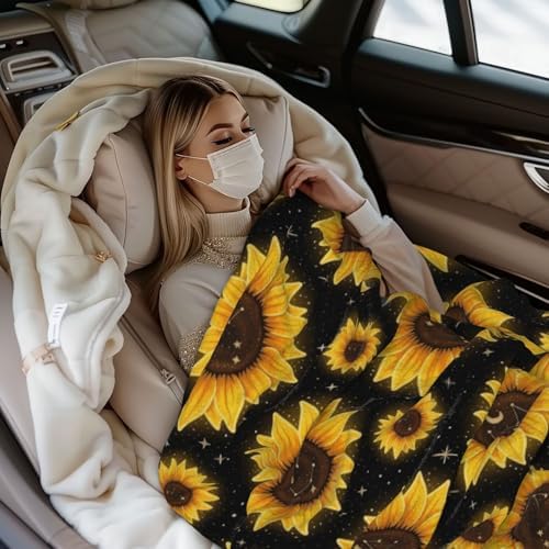 Boho Sunflowers Fleece Throw Blanket Ultra Soft Cozy Decorative Flannel Blanket for Home Bed Couch Chair Travel 60x50in