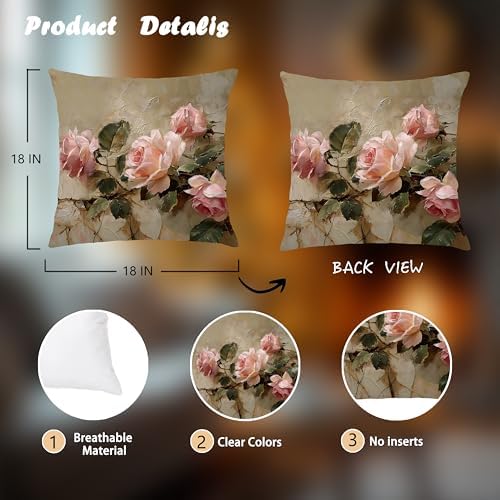 Vintage Pink Rose Floral Rectangle Pillow Throw Cover 18x18 Decor, Shabby Chic Rustic Cottagecore Decorative Throw Pillow Covers Double-Sided Set of 2