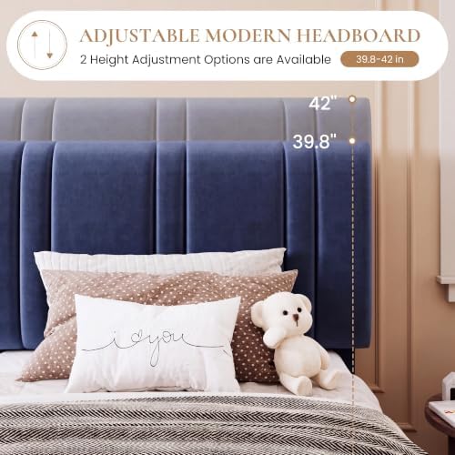 SHA CERLIN Twin Size Velvet Bed Frame with Adjustable Headboard, Blue