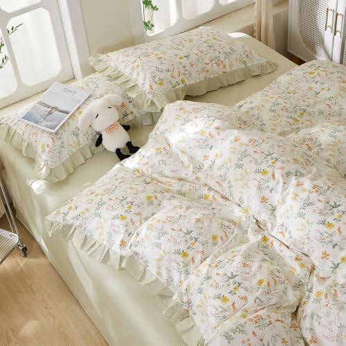 Vintage Floral Duvet Cover Set Twin XL - 3 Piece Ruffle Lace Bedding Set, 100% Cotton Aesthetic Coquette Duvet Cover, Botanical Flower Cottagecore Comforter Cover Green Striped Bedding Set Twin XL