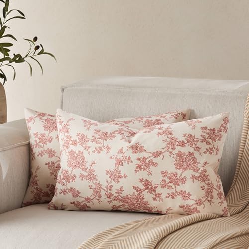 2 Pack French Floral Lumbar Pillow Covers 12x20in, Red/Cream