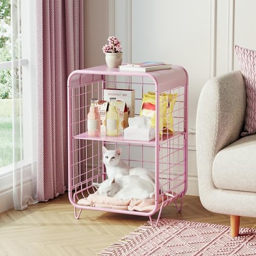 APEXCHASER Cute Kids Pink Nightstand,3 Tier Metal Side Table